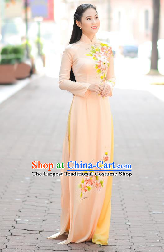 Asian Vietnam Traditional Costumes Vietnamese Classical Aodai Qipao Dress Hand Painting Flowers Beige Cheongsam and Pants for Women