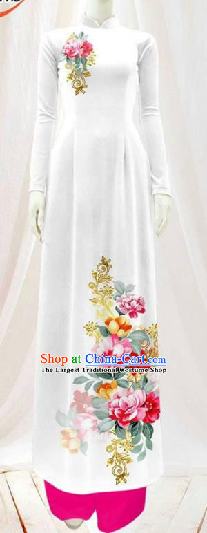 Asian Vietnam Traditional Costumes Vietnamese Classical Aodai Qipao Dress Printing Flowers White Cheongsam and Pants for Women