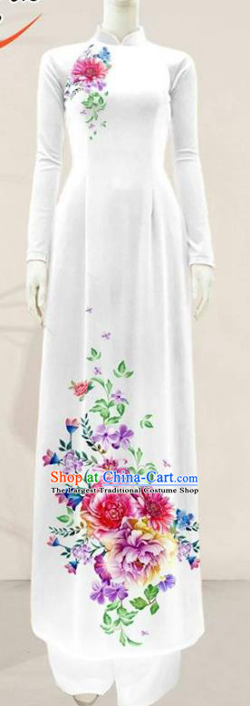 Asian Vietnam White Aodai Qipao Dress Traditional Vietnamese Costumes Classical Printing Flowers Cheongsam and Pants for Women