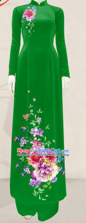 Asian Vietnam Green Aodai Qipao Dress Traditional Vietnamese Costumes Classical Printing Flowers Cheongsam and Pants for Women