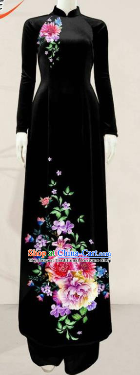 Asian Vietnam Black Ao Dai Qipao Dress Traditional Vietnamese Costumes Classical Printing Flowers Cheongsam and Pants for Women