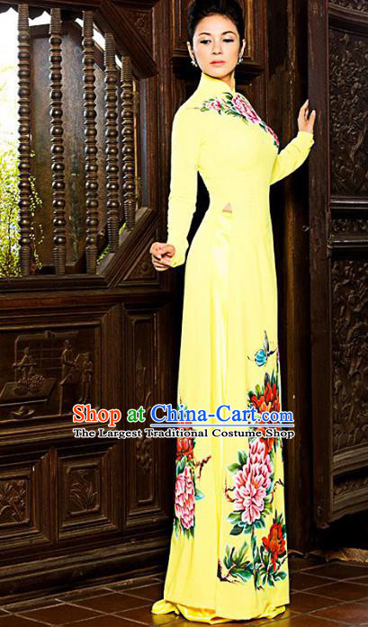 Asian Vietnam Printing Peony Ao Dai Qipao Traditional Vietnamese Cheongsam Costumes Classical Yellow Dress and Pants for Women