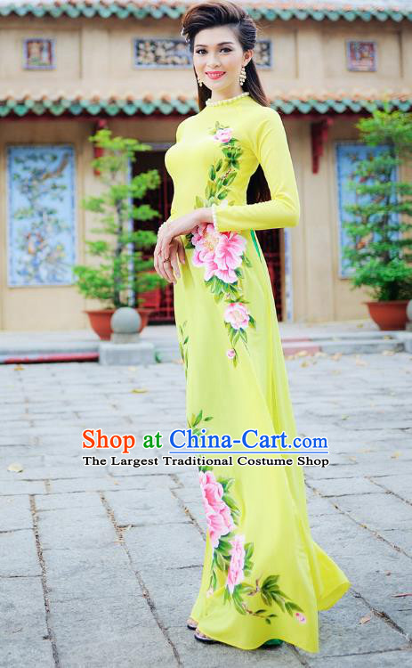 Asian Vietnam Hand Painting Peony Ao Dai Qipao Traditional Vietnamese Cheongsam Costumes Classical Yellow Dress and Pants for Women