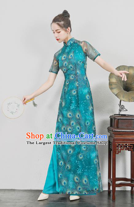 Asian Vietnam Classical Peacock Pattern Ao Dai Qipao Traditional Vietnamese Cheongsam Costumes Blue Dress and Loose Pants for Women