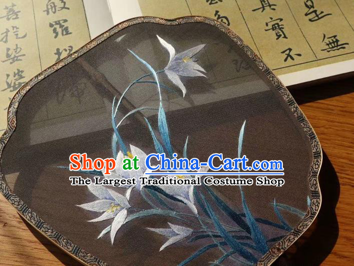 China Traditional Handmade Embroidered Palace Fan Double Side Fan Embroidery Orchids Black Silk Fan Ancient Court Lady Fans