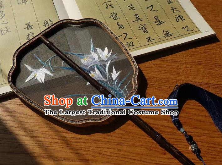 China Traditional Handmade Embroidered Palace Fan Double Side Fan Embroidery Orchids Black Silk Fan Ancient Court Lady Fans