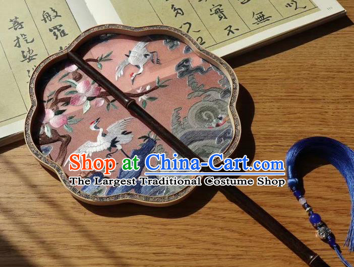 China Embroidery Peach Cranes Pink Silk Fan Traditional Handmade Embroidered Palace Fan Ancient Court Lady Fans Double Side Fan