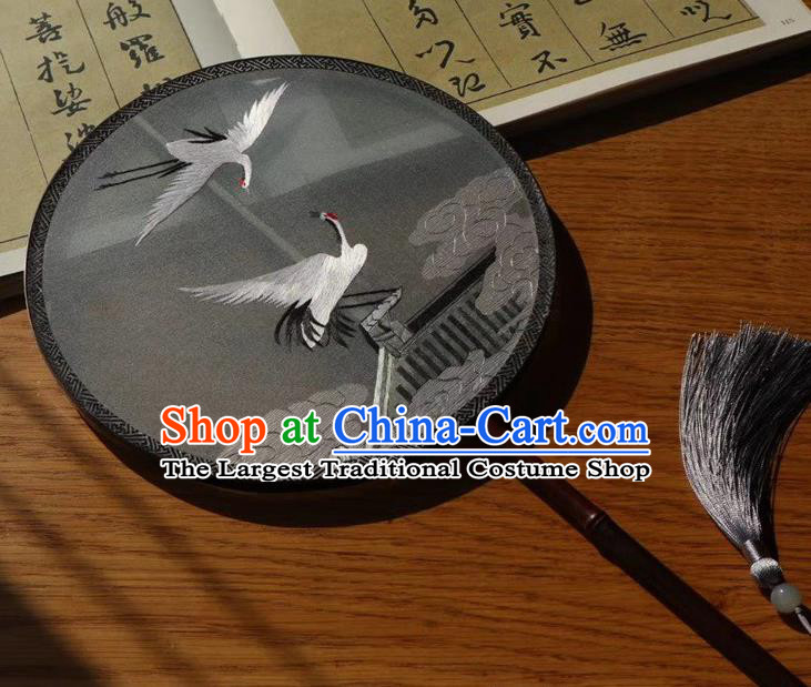 China Handmade Embroidery Cloud Cranes Double Side Silk Fan Traditional Embroidered Palace Fan Round Fans
