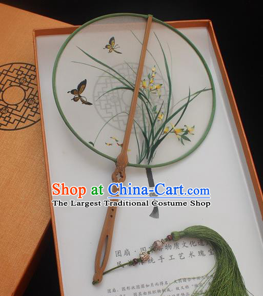 China Handmade Embroidery Orchids Double Side Silk Fan Princess Fan Traditional Embroidered Palace Fan