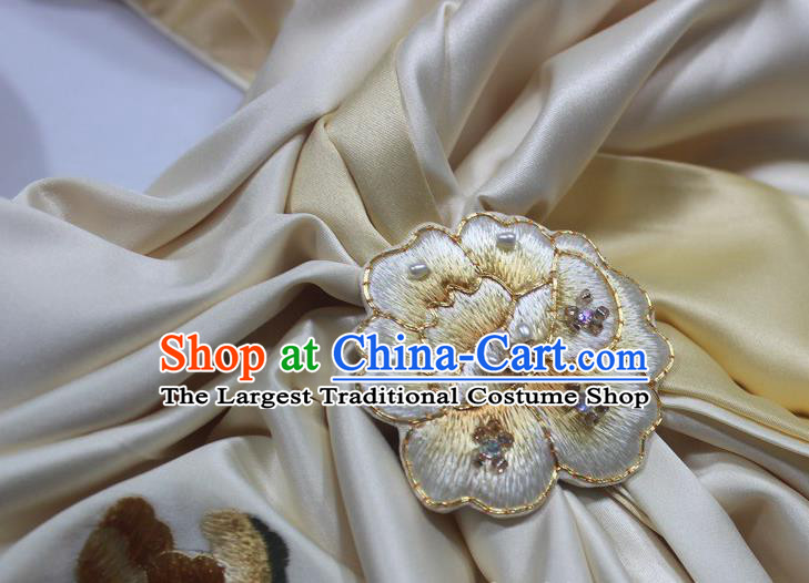 Chinese Embroidered Peony Yellow Silk Scarf with Brooch Cheongsam Accessories