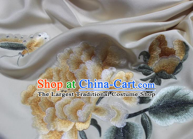 Chinese Embroidered Peony Yellow Silk Scarf with Brooch Cheongsam Accessories