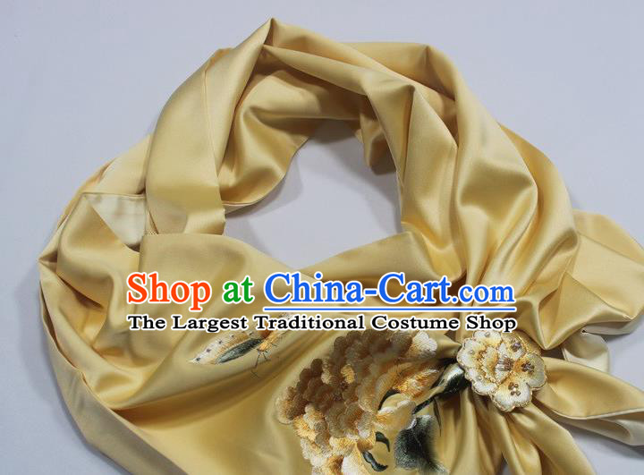 Chinese Yellow Silk Tippet Cheongsam Accessories Traditional Embroidered Peony Scarf with Brooch