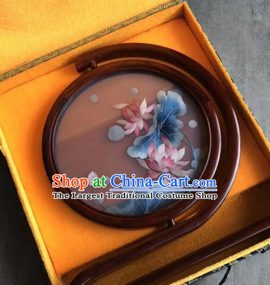 Traditional China Embroidered Landscape Painting Desk Screen Handmade Embroidery Craft Rosewood Carving Table Decoration