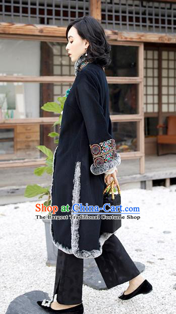 Chinese Black Woolen Dust Coat Women Embroidered Coat Traditional National Clothing Winter Outer Garment