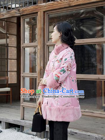 Chinese Winter Outer Garment Women Embroidered Peony Birds Cotton Wadded Coat Pink Satin Jacket Traditional National Clothing