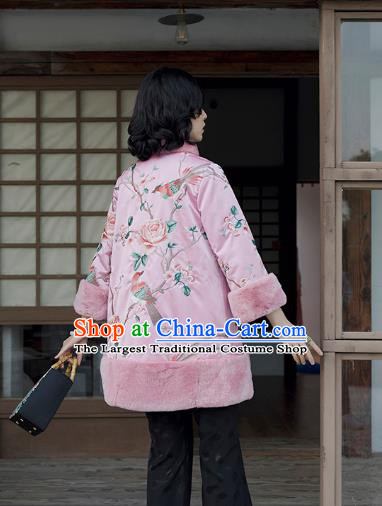 Chinese Winter Outer Garment Women Embroidered Peony Birds Cotton Wadded Coat Pink Satin Jacket Traditional National Clothing