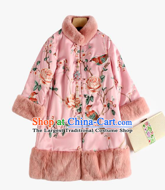 Chinese Winter Outer Garment Women Embroidered Peony Birds Cotton Wadded Coat Pink Satin Jacket Traditional National Clothing