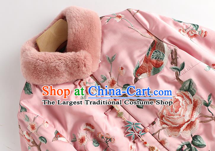 Chinese Winter Outer Garment Women Embroidered Peony Birds Cotton Wadded Coat Pink Satin Jacket Traditional National Clothing