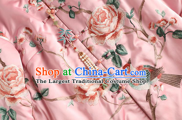 Chinese Winter Outer Garment Women Embroidered Peony Birds Cotton Wadded Coat Pink Satin Jacket Traditional National Clothing