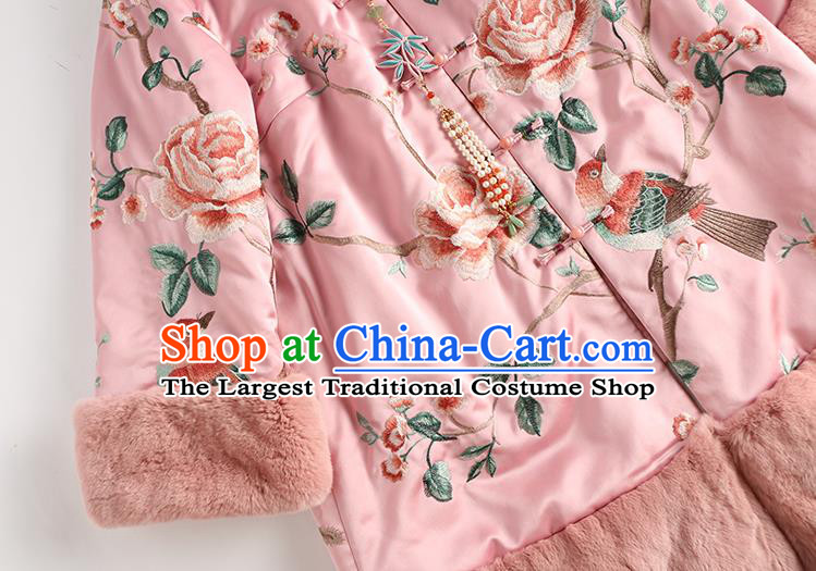 Chinese Winter Outer Garment Women Embroidered Peony Birds Cotton Wadded Coat Pink Satin Jacket Traditional National Clothing