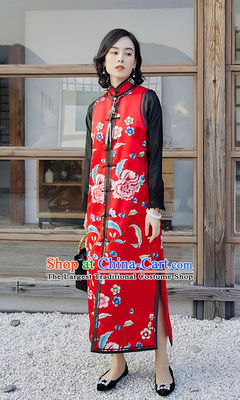 Traditional China Classical Peony Pattern Red Satin Qipao Dress National Clothing Embroidered Vest Cheongsam for Women