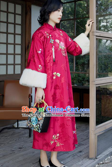 Traditional China Classical Qipao Dress National Winter Clothing Embroidered Flowers Rosy Satin Cheongsam for Women