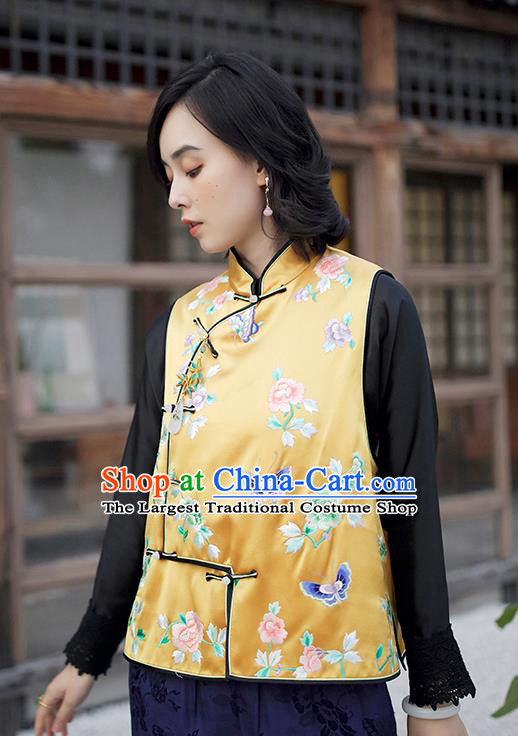 Traditional China Embroidered Butterfly Peony Yellow Satin Waistcoat Classical Cheongsam Vest National Clothing for Women
