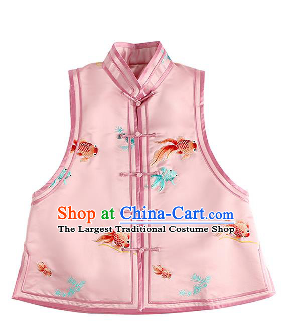 Traditional National Female Clothing China Classical Cheongsam Vest Upper Outer Garment Embroidered Pink Satin Waistcoat