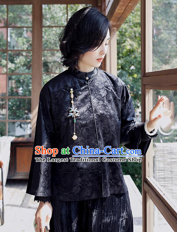 Chinese Traditional Outer Garment National Clothing Women Jacket Black Jacquard Short Coat