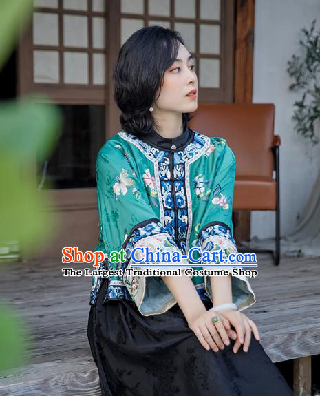 Chinese Embroidered Butterfly Peony Coat National Clothing Traditional Outer Garment Women Green Silk Jacket