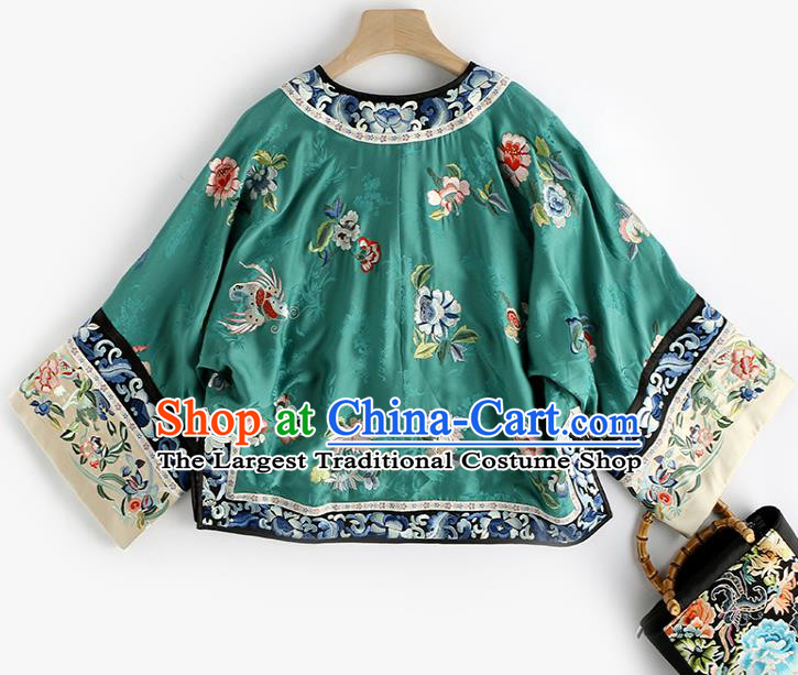 Chinese Embroidered Butterfly Peony Coat National Clothing Traditional Outer Garment Women Green Silk Jacket