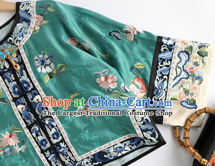 Chinese Embroidered Butterfly Peony Coat National Clothing Traditional Outer Garment Women Green Silk Jacket