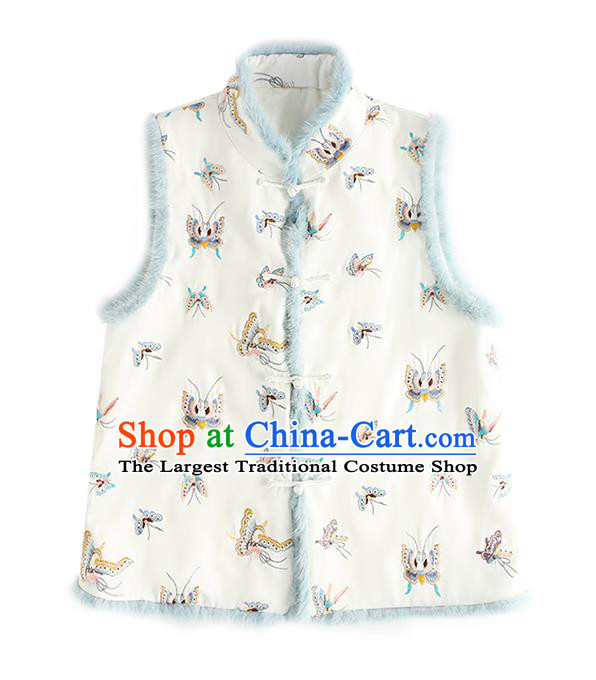 Traditional China Embroidered Butterfly Waistcoat National Female Clothing Classical Cheongsam White Cotton Padded Vest