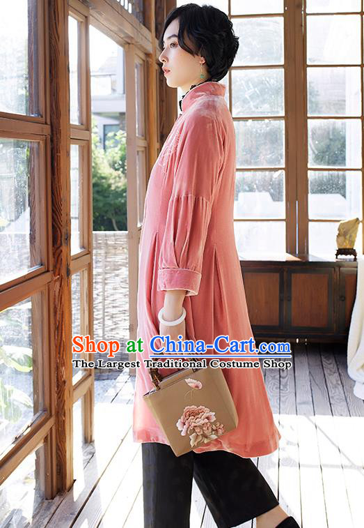 Chinese Women Embroidered Pink Velvet Coat Outer Garment Traditional Clothing