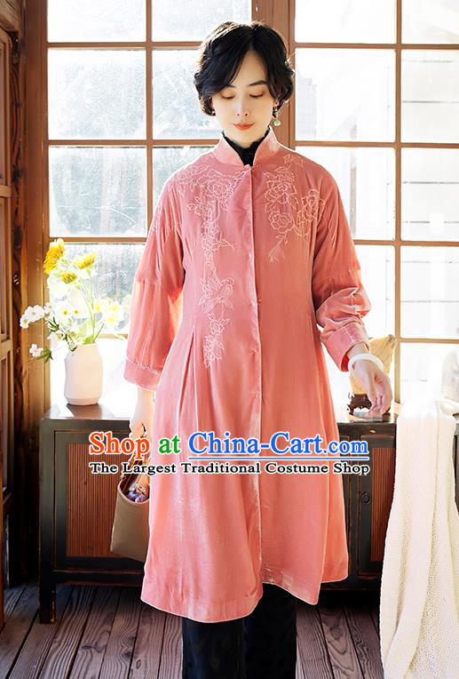 Chinese Women Embroidered Pink Velvet Coat Outer Garment Traditional Clothing