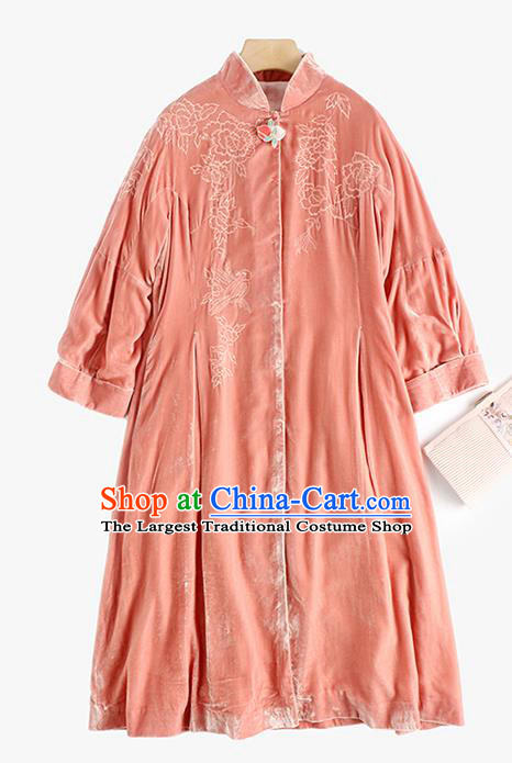 Chinese Women Embroidered Pink Velvet Coat Outer Garment Traditional Clothing