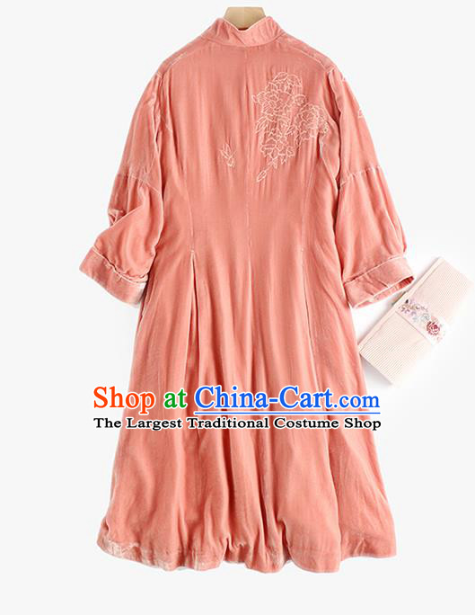 Chinese Women Embroidered Pink Velvet Coat Outer Garment Traditional Clothing