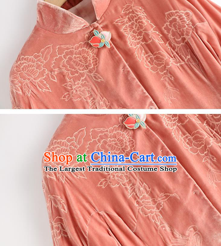 Chinese Women Embroidered Pink Velvet Coat Outer Garment Traditional Clothing