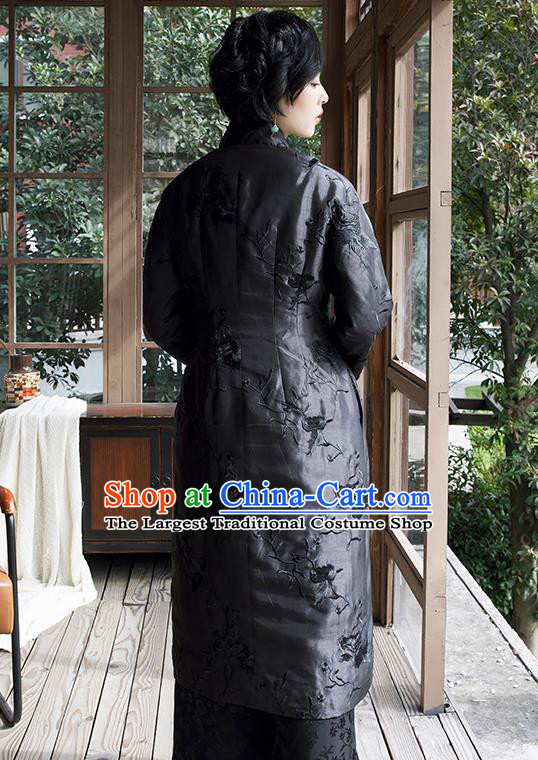 Chinese Winter Cotton Padded Coat Outer Garment Traditional National Clothing Women Embroidered Black Coat
