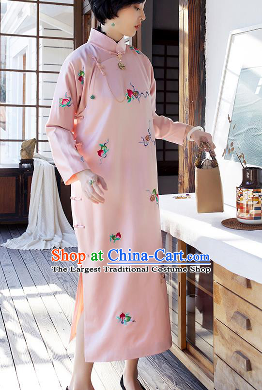 Republic of China Young Mistress Pink Satin Qipao Dress National Clothing Traditional Embroidered Cheongsam for Women