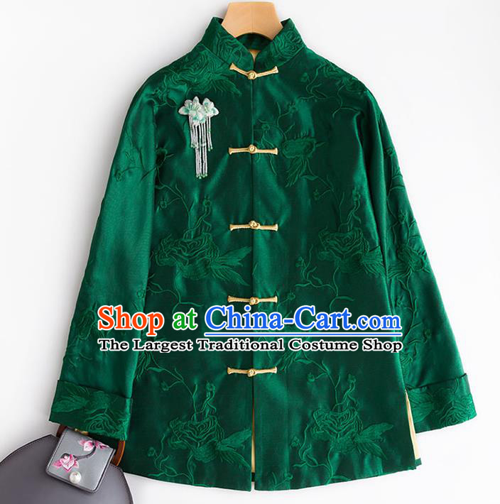 Chinese Traditional National Clothing Women Outer Garment Embroidered Silk Coat Embroidery Peony Deep Green Silk Jacket