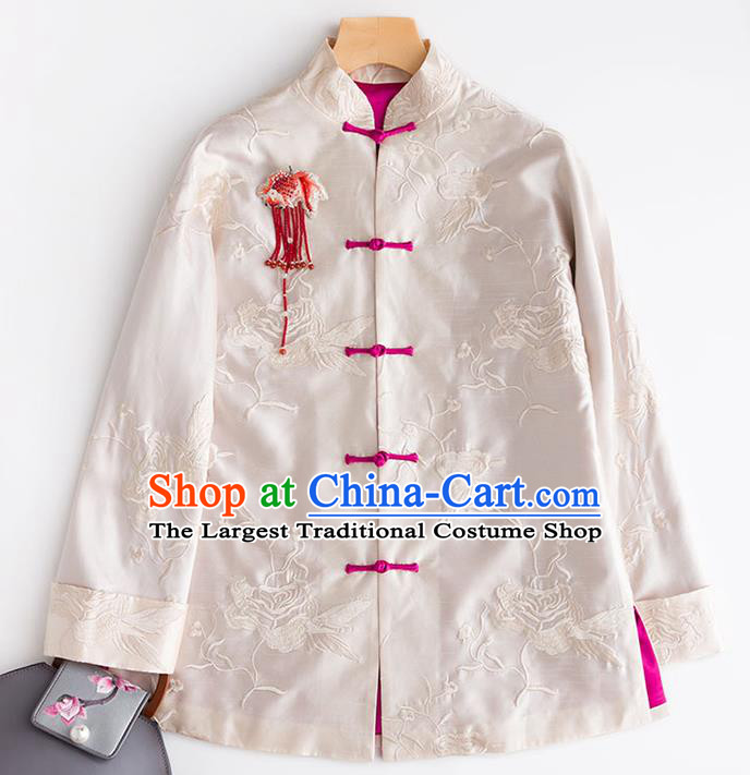 Chinese Embroidered Coat Embroidery Peony Beige Silk Jacket Traditional National Clothing Women Outer Garment