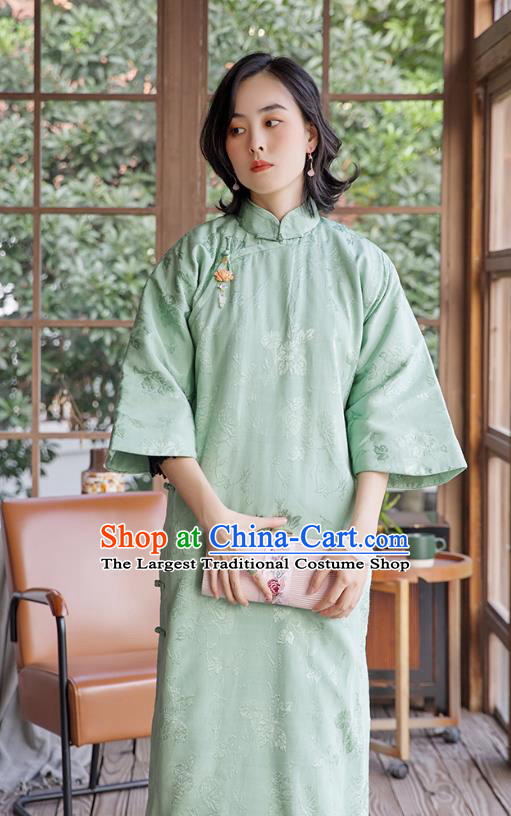 China Classical Light Green Cheongsam Traditional Women Silk Qipao Dress National Female Clothing
