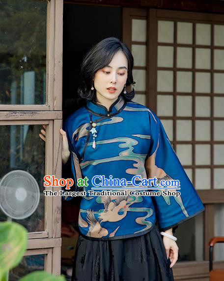 Chinese Deep Blue Cotton Padded Coat National Clothing Traditional Outer Garment Women Silk Jacket