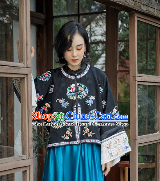 Chinese National Clothing Traditional Ancient Court Women Outer Garment Qing Dynasty Black Silk Blouse