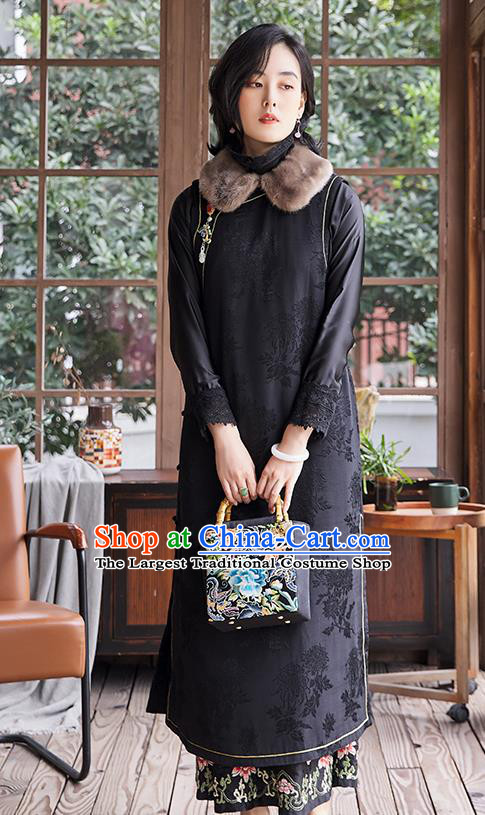 China Classical Cotton Padded Qipao Dress Traditional National Clothing Women Black Satin Long Cheongsam