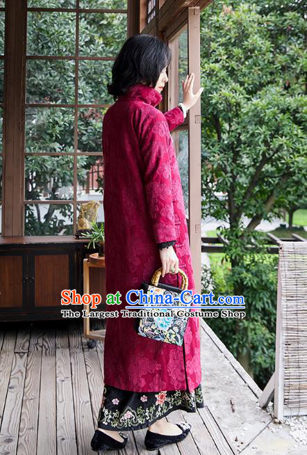 China Rosy Quilted Qipao Dress Traditional National Clothing Women Winter Classical Long Cheongsam