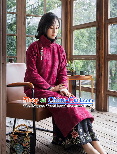 China Rosy Quilted Qipao Dress Traditional National Clothing Women Winter Classical Long Cheongsam