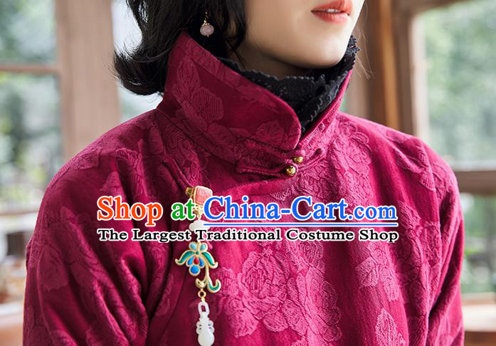 China Rosy Quilted Qipao Dress Traditional National Clothing Women Winter Classical Long Cheongsam