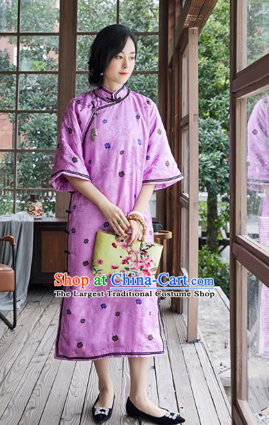 Republic of China Lilac Silk Qipao Dress Traditional National Clothing Women Classical Cheongsam